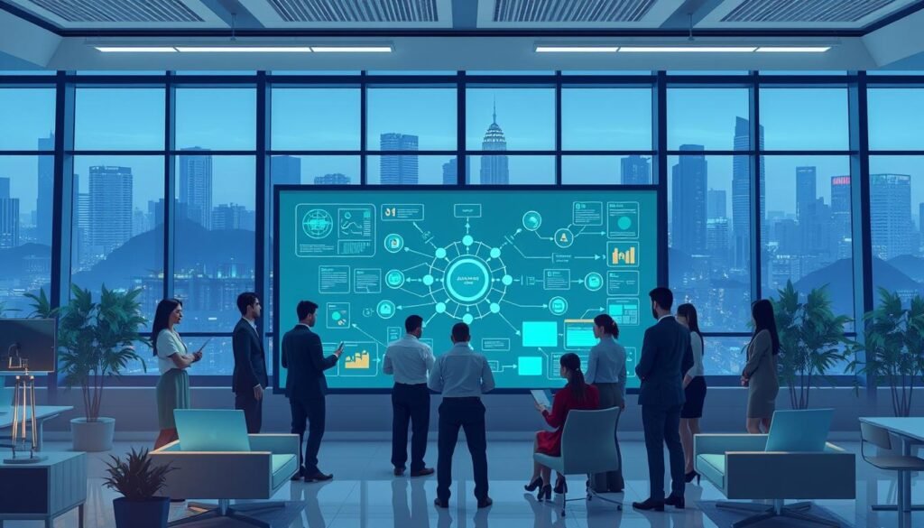A detailed illustration of an "Organizational Governance Framework" focusing on AI governance. In the foreground, a professional diverse team of business individuals, dressed in business attire, collaborate around a large interactive digital screen displaying interconnected nodes and flowcharts. In the middle ground, sleek office furniture and modern tech elements enhance the high-tech, innovative atmosphere, with soft blue and green lighting suggesting a calm, efficient workspace. The background features large windows showing a skyline of Jakarta, symbolizing Indonesia's role in AI governance. The overall mood is one of collaboration, innovation, and forward-thinking leadership. The perspective should be slightly elevated, offering a comprehensive view of the workspace dynamics without any text or logos.