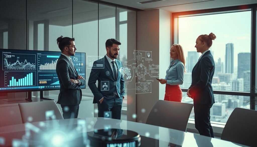 A futuristic office environment showcasing the concept of "Artificial Intelligence Awareness & Experimentation". In the foreground, a professional male and female team in business attire are gathered around a digital interface, interacting with holographic AI data projections. The middle ground features sleek monitors displaying graphs and analytics, with a brainstorming session in progress, indicating collaboration and innovation. The background reveals a window view of a vibrant city skyline reflecting a modern business atmosphere. Soft, ambient lighting creates an optimistic mood, while a slight lens flare hints at cutting-edge technology. Capture the angle from slightly above, emphasizing the dynamic interaction among team members while conveying the excitement of AI exploration.