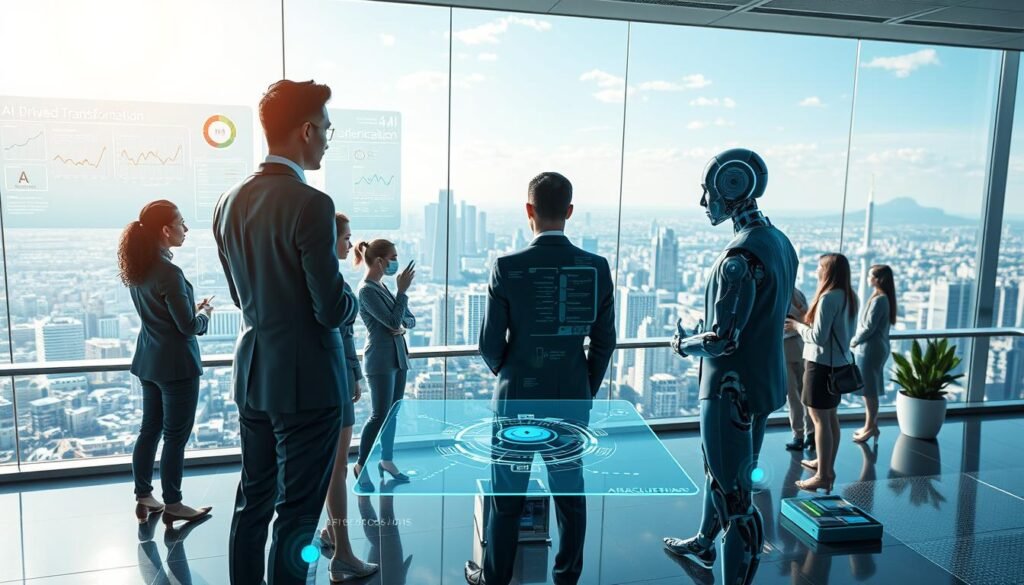 A futuristic office space showcasing the concept of AI-driven transformation in business. In the foreground, a diverse group of professionals in business attire engage with advanced holographic displays showing analytics, AI algorithms, and data visualizations. The middle ground features sleek digital interfaces and intelligent robots assisting with tasks, symbolizing collaboration between humans and AI. The background reveals a panoramic cityscape with smart buildings and green technology, under a bright, optimistic sky. Soft lighting highlights the technology, creating a dynamic atmosphere of innovation and progress. The composition should evoke a sense of positivity and forward-thinking, emphasizing the transformative power of AI in the business landscape.