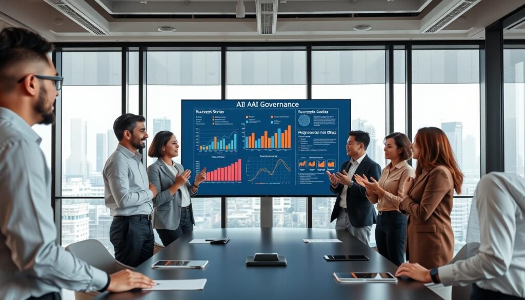 A modern office setting with diverse professionals discussing the successful implementation of AI governance. In the foreground, a group of three individuals, two men and one woman, are engaged in an animated conversation, showcasing enthusiasm and collaboration, all dressed in professional business attire. In the middle, a large screen displays graphs and charts representing AI governance metrics and success stories, surrounded by a sleek conference table with notepads and digital devices. The background features large windows with a view of Jakarta's skyline, suggesting a progressive atmosphere. Soft, natural lighting streams in, creating a bright and inspiring mood, while the camera angle captures the dynamics of the meeting.