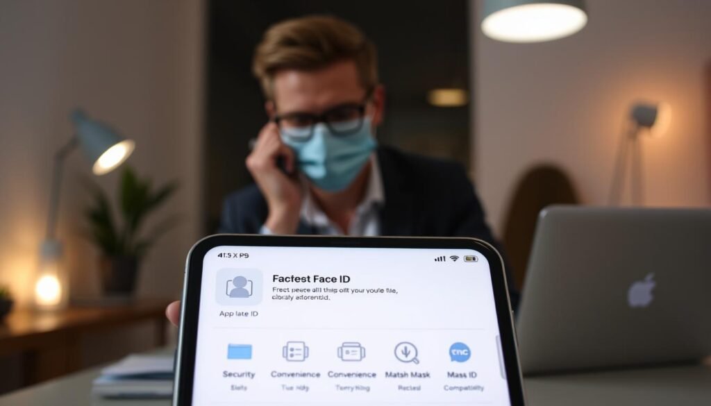 A modern smartphone displaying the App Store interface prominently in the foreground, showcasing various applications that support Face ID technology, including icons for security, convenience, and mask compatibility. In the middle ground, a user wearing a stylish, professional outfit is engaged in setting up Face ID while wearing a mask, creating a relatable and contemporary atmosphere. The background consists of a well-lit, sleek workspace with a desk, laptop, and ambient lighting, exuding a tech-savvy and efficient vibe. The image should be captured from a slightly elevated angle to highlight both the phone and the user’s focus, with soft, diffused lighting to create an inviting mood. The overall composition should emphasize the synergy between apps and Face ID functionality in everyday life.