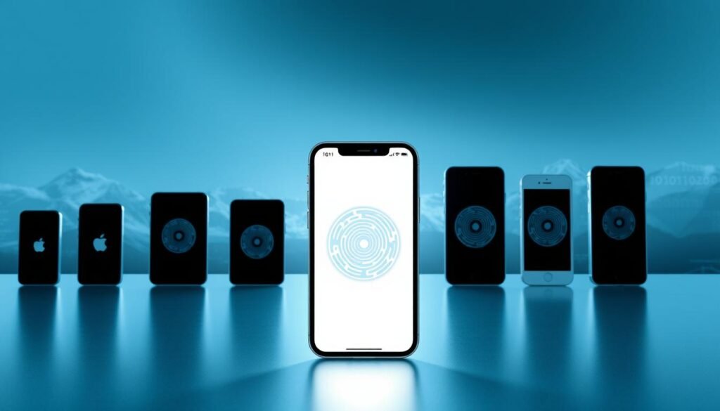 An artistic representation of the evolution of Face ID technology in iOS, showcasing a timeline of key advancements. In the foreground, include a sleek, modern iPhone displaying the Face ID interface with a user demonstrating its functionality. In the middle ground, depict various versions of iPhones over the years, symbolizing the development timeline, with faint outlines of previous models. In the background, a subtle digital landscape featuring binary code and abstract representations of facial recognition technology to evoke an innovative atmosphere. The lighting should be bright and forward-focused on the iPhone, with a cool color palette to give a tech-savvy feel. The overall mood should be inspiring and futuristic, emphasizing the progression of technology in a clean, professional manner.