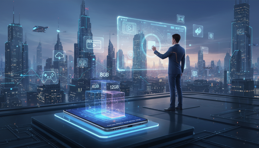 A futuristic digital landscape depicting the concept of RAM capacity needs for 2026. In the foreground, a sleek, modern smartphone displays a detailed illustration of varying RAM sizes (4GB, 8GB, 12GB, 16GB) in elegant graphics. The middle ground features a professional individual in business attire, analyzing data on a holographic screen, surrounded by floating icons representing applications and multitasking capabilities. The background showcases a city skyline with advanced technology and interconnected devices, symbolizing innovation. The scene is illuminated with soft, ambient lighting to create a professional and futuristic atmosphere, captured with a slightly elevated angle to enhance the depth and intrigue of the composition. A futuristic digital landscape depicting the concept of RAM capacity needs for 2026. In the foreground, a sleek, modern smartphone displays a detailed illustration of varying RAM sizes (4GB, 8GB, 12GB, 16GB) in elegant graphics. The middle ground features a professional individual in business attire, analyzing data on a holographic screen, surrounded by floating icons representing applications and multitasking capabilities. The background showcases a city skyline with advanced technology and interconnected devices, symbolizing innovation. The scene is illuminated with soft, ambient lighting to create a professional and futuristic atmosphere, captured with a slightly elevated angle to enhance the depth and intrigue of the composition.