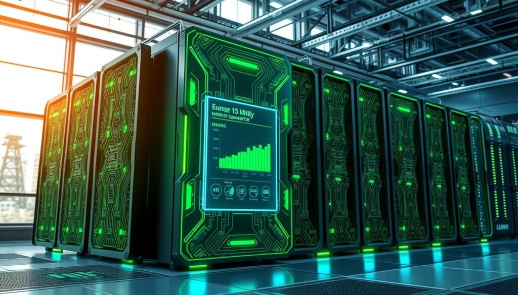 A futuristic, highly efficient energy supercomputer named LUMI, glowing softly with green and blue lights to symbolize eco-friendliness. In the foreground, intricate circuit patterns can be seen on the casing, showcasing advanced technology. The middle ground features a sleek digital interface displaying real-time energy consumption metrics, highlighting its status as Europe’s greenest supercomputer. In the background, a modern data center environment with sleek metallic structures and large glass windows allows natural light to flood the space, creating a bright, optimistic ambiance. Use soft, diffused lighting to enhance the high-tech feel and evoke a sense of innovation and environmental responsibility. The angle should be a dynamic perspective that emphasizes the supercomputer's impressive scale and cutting-edge design.