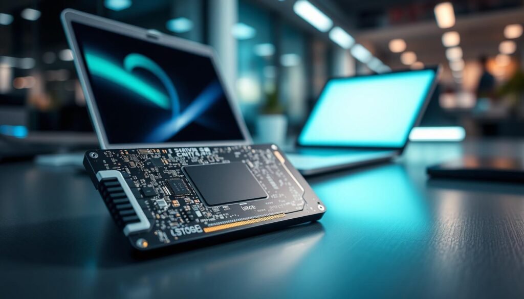 A highly detailed Solid State Drive (SSD) displayed prominently in the foreground, showcasing its sleek metallic casing and intricate circuitry, reflecting the latest technology in data storage. The middle ground features a partially open laptop with a glowing screen, hinting at high-speed performance. In the background, a modern office environment with a blurred-out desk and subtle LED lighting to emphasize a tech-savvy atmosphere. The overall color palette is cool, incorporating blues and grays with a hint of green light emanating from the SSD. The image has a crisp focus on the SSD while the background suggests motion, invoking a sense of speed and efficiency. The mood is professional and innovative, capturing the essence of advanced computing technology.