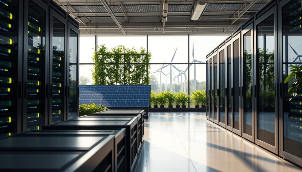 A modern, environmentally friendly data center, showcasing cutting-edge green technology. In the foreground, sleek rows of energy-efficient computer servers with illuminated panels are visible. The middle section features a lush indoor vertical garden that filters air, alongside solar panels integrated into the architecture. In the background, large windows allow natural light to flood the interior, with wind turbines visible outside, symbolizing sustainable energy sources. The scene is brightly lit with soft, natural lighting, creating a serene and innovative atmosphere. Capture the angle from a slightly elevated viewpoint, highlighting the harmony between technology and nature, evoking a sense of futuristic sustainability.