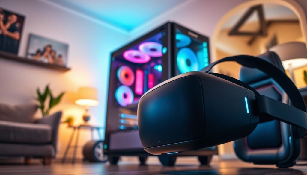 A modern gaming setup featuring a high-quality VR headset prominently displayed in the foreground. The headset is sleek and futuristic, with soft neon lighting highlighting its contours. In the middle ground, a stylish gaming PC with transparent panels reveals colorful internal RGB lighting, showcasing advanced cooling systems and powerful hardware. Background elements include a cozy, well-lit gaming room with calming ambient light and comfortable gaming chairs. The atmosphere conveys a blend of excitement and innovation, perfect for immersive gaming experiences. The scene is captured from a low angle to emphasize the technology, with soft focus effects adding depth, creating a dynamic and inviting visual narrative.