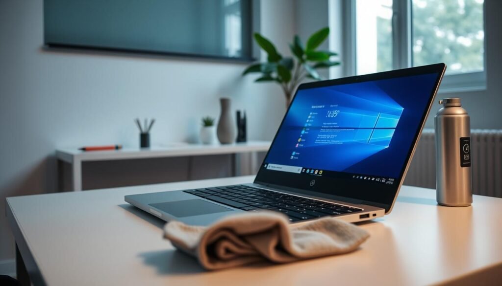 A modern laptop on a sleek, minimalist desk in a well-lit room, showcasing the theme of "initial care" for laptops. In the foreground, the laptop is open, displaying a vibrant desktop screen with system performance metrics. Next to it, a soft microfiber cloth and a can of compressed air suggest maintenance tools. The middle ground features a well-organized workspace with a potted plant and a stylish pen holder, conveying a sense of order. In the background, a large window allows natural light to flood the space, enhancing the atmosphere of productivity. The mood is professional yet inviting, with a slight focus on cleanliness and technology. Captured from a slightly elevated angle, emphasizing the details of the laptop and workspace.