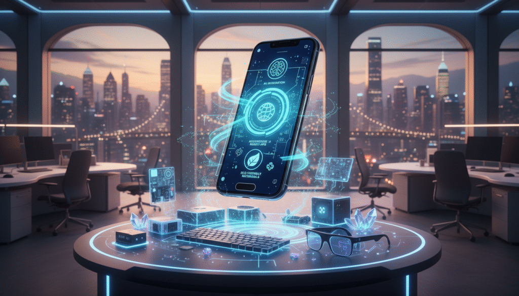 A sleek and futuristic smartphone design floating above a digital workspace. In the foreground, the smartphone features a holographic display showcasing advanced tech features like AI integration, augmented reality applications, and eco-friendly materials. The middle layer includes high-tech gadgets and tools, symbolizing innovation and resourcefulness amid limited DRAM availability. The background portrays a modern office environment with soft, ambient lighting, large windows revealing a city skyline at dusk, creating a vibrant and hopeful atmosphere. The overall mood is one of optimism and ingenuity in the face of challenges. Utilize a wide-angle perspective to capture the entire scene, emphasizing the smartphone as a centerpiece surrounded by innovation. A sleek and futuristic smartphone design floating above a digital workspace. In the foreground, the smartphone features a holographic display showcasing advanced tech features like AI integration, augmented reality applications, and eco-friendly materials. The middle layer includes high-tech gadgets and tools, symbolizing innovation and resourcefulness amid limited DRAM availability. The background portrays a modern office environment with soft, ambient lighting, large windows revealing a city skyline at dusk, creating a vibrant and hopeful atmosphere. The overall mood is one of optimism and ingenuity in the face of challenges. Utilize a wide-angle perspective to capture the entire scene, emphasizing the smartphone as a centerpiece surrounded by innovation.