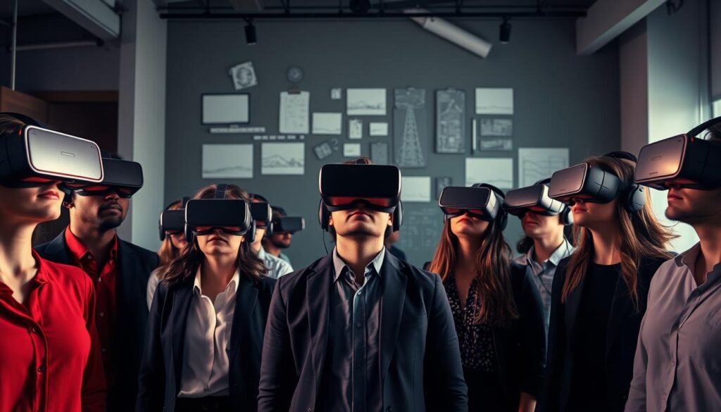 A virtual reality gaming environment showcasing the limitations of content creation. In the foreground, a group of diverse individuals, dressed in professional and modest casual attire, are wearing VR headsets that display empty or barren virtual landscapes. The middle layer features various disconnected digital assets representing unfinished game elements, such as untextured models and blank user interfaces. In the background, a dimly lit office space with sketches and blueprints scattered about suggests behind-the-scenes development struggles. The lighting is soft but slightly melancholic, casting shadows that evoke a sense of disappointment, as the scene captures the stark contrast between the promise of VR and its unrealized potential. The angle is slightly tilted upward, enhancing the feeling of looking into a struggling creative process.